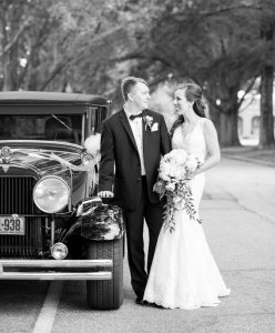 The bride and groom left the celebration in style... in a 1928 Hudson!